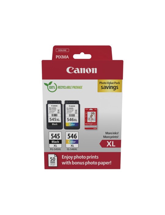 Inktpatronen Canon PG-545XL / CL-546XL - Pack Zwart en kleur + 50 vellen Canon Foto Glossy 10x15cm