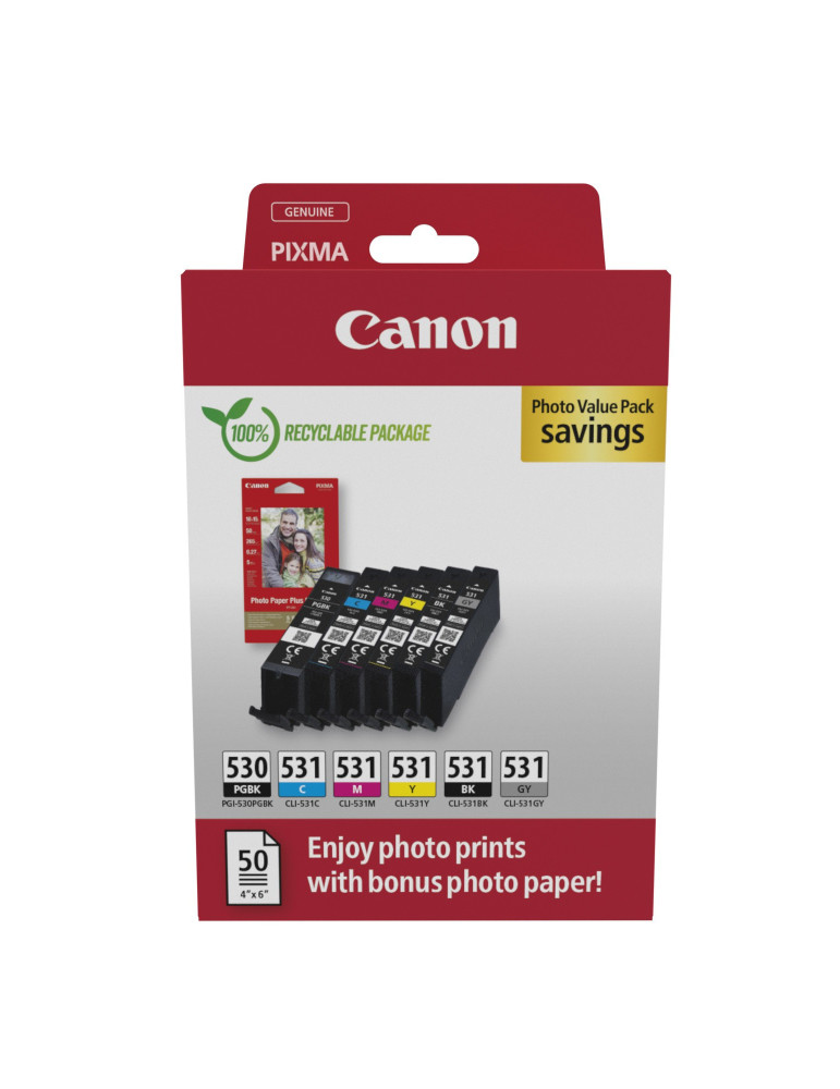 Inktpatronen Canon PG-530 / CLI-531 - Pack PGBK/BK/C/M/Y/GY + 50 vellen Canon Foto Glossy 10x15cm